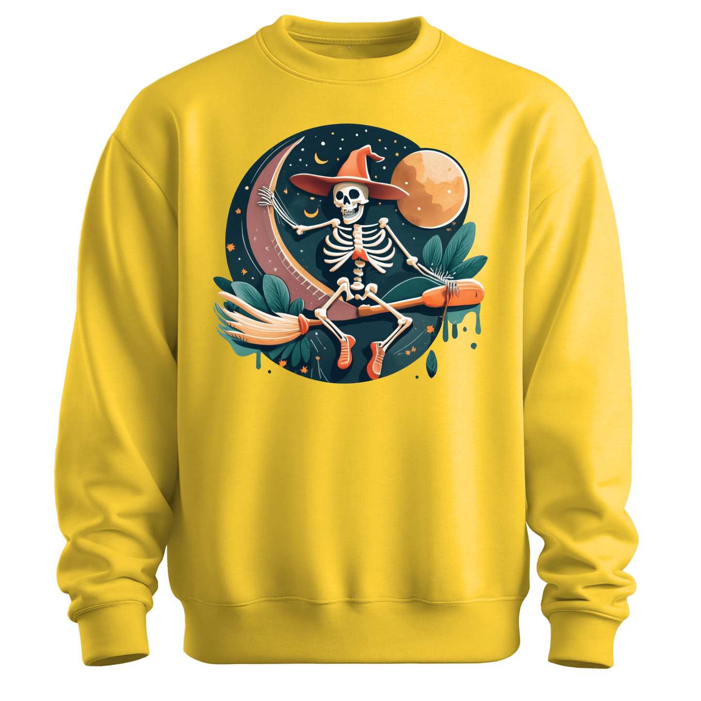 Yellow halloween sweatshirt with a skeleton on a broomstick wearing a witch hat in the night time.