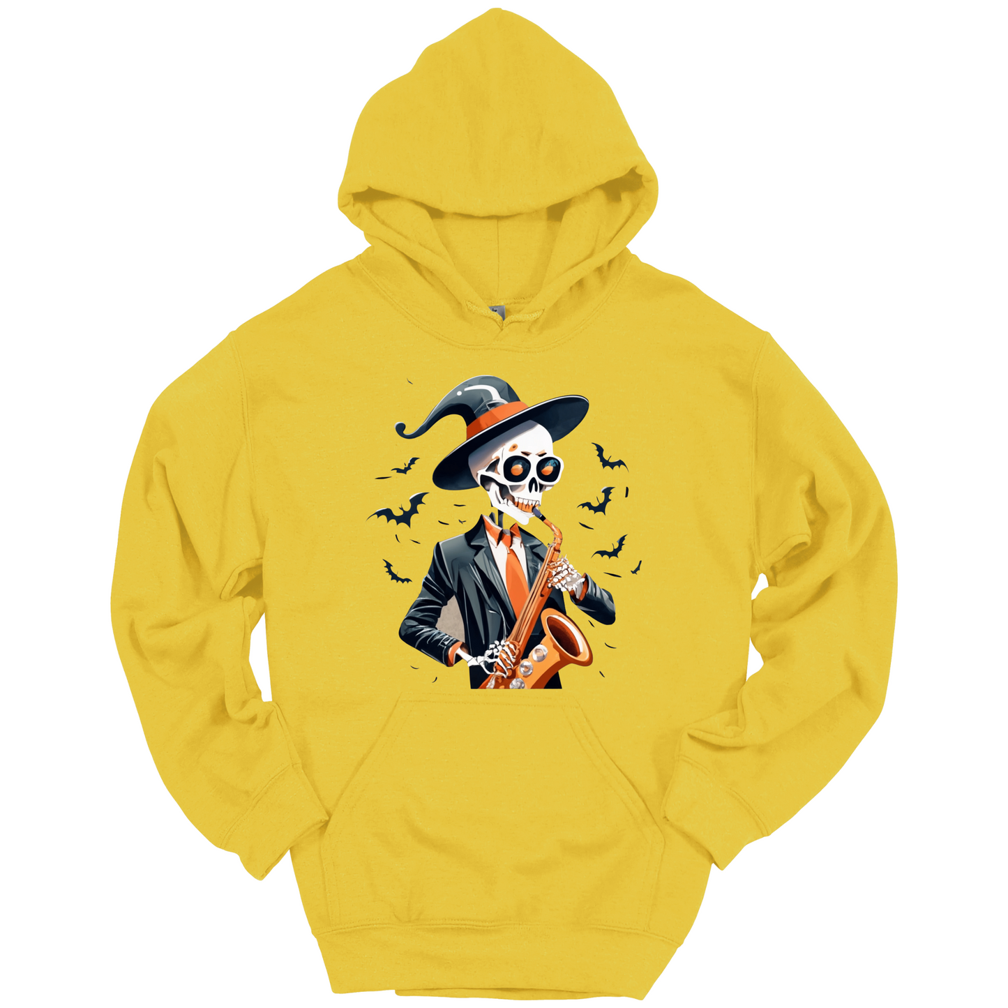 Yellow halloween hoodie with a skeleton playing a saxophone and wearing a witch hat, surrounded by bats.
