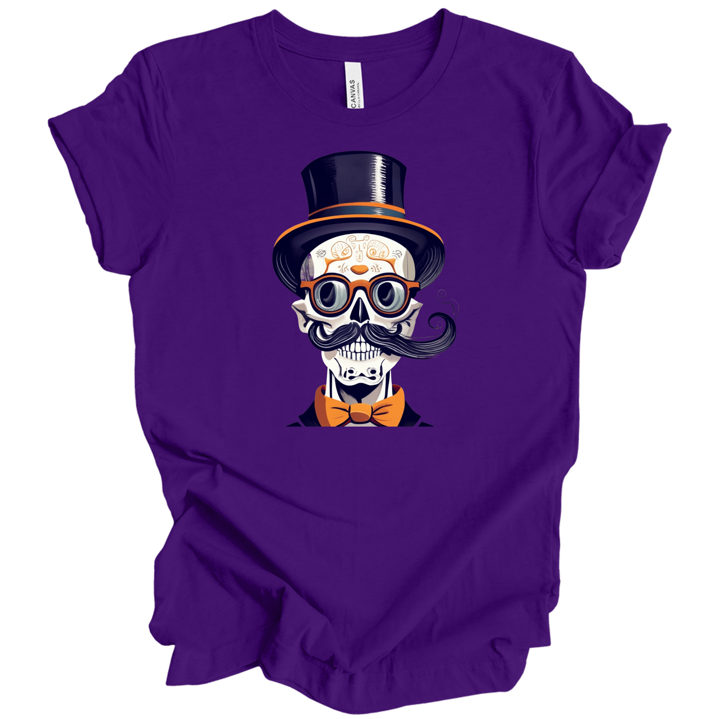 Purple halloween t-shirt with a skull wearing a top hat, glasses, and bow tie.