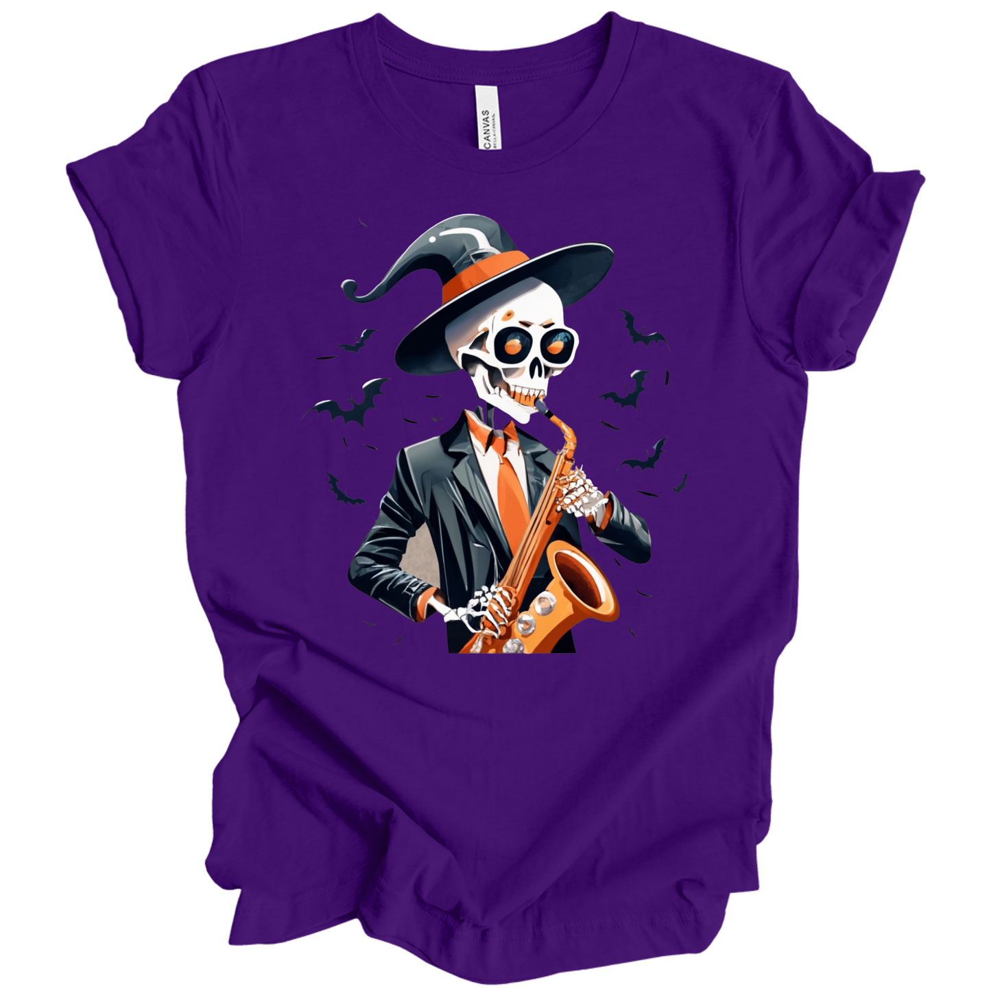 Purple halloween t-shirt with a skeleton playing a saxophone and wearing a witch hat, surrounded by bats.