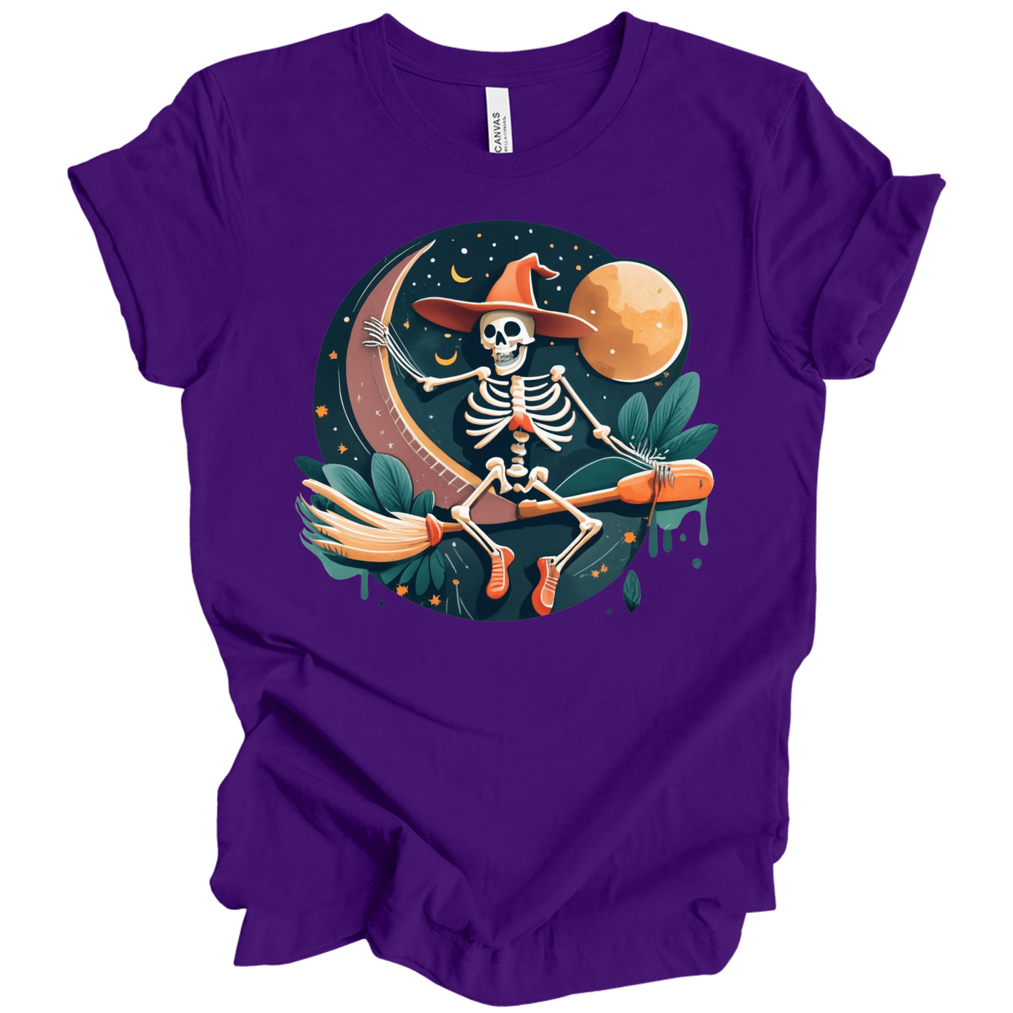 Purple halloween t-shirt with a skeleton on a broomstick wearing a witch hat in the night time.