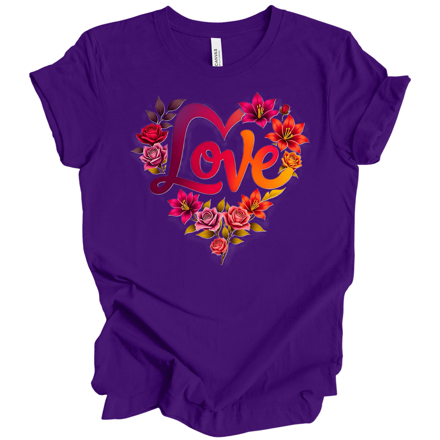 Team Purple colour valentines day t-shirt with the a design of 'Love' wording and surrounded floral design, front printed.