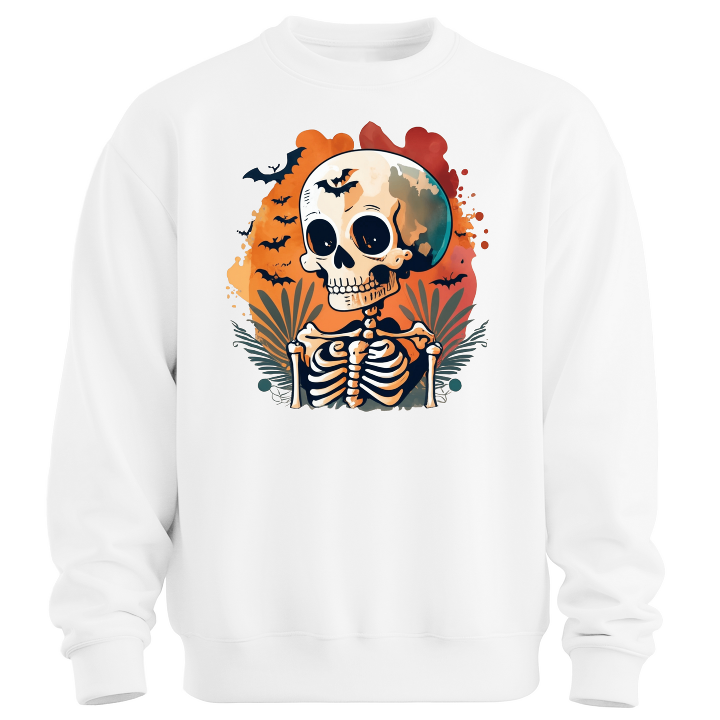 White sweatshirt with a Halloween-themed design featuring a skeleton and skull surrounded with bats.