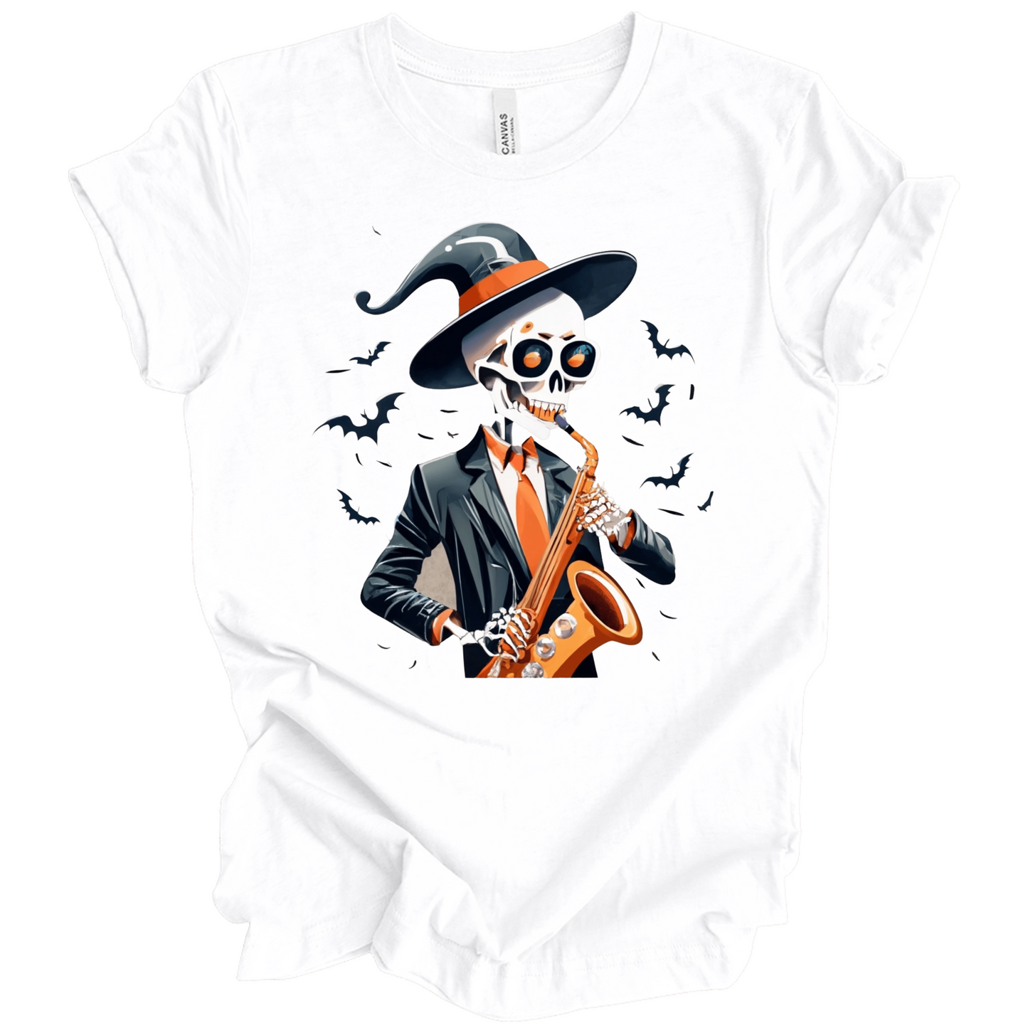 White halloween t-shirt with a skeleton playing a saxophone and wearing a witch hat, surrounded by bats.