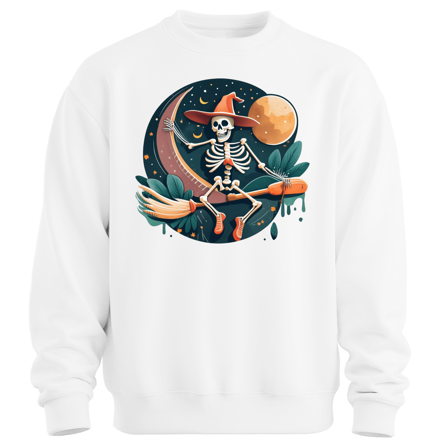 White halloween sweatshirt with a skeleton on a broomstick wearing a witch hat in the night time.