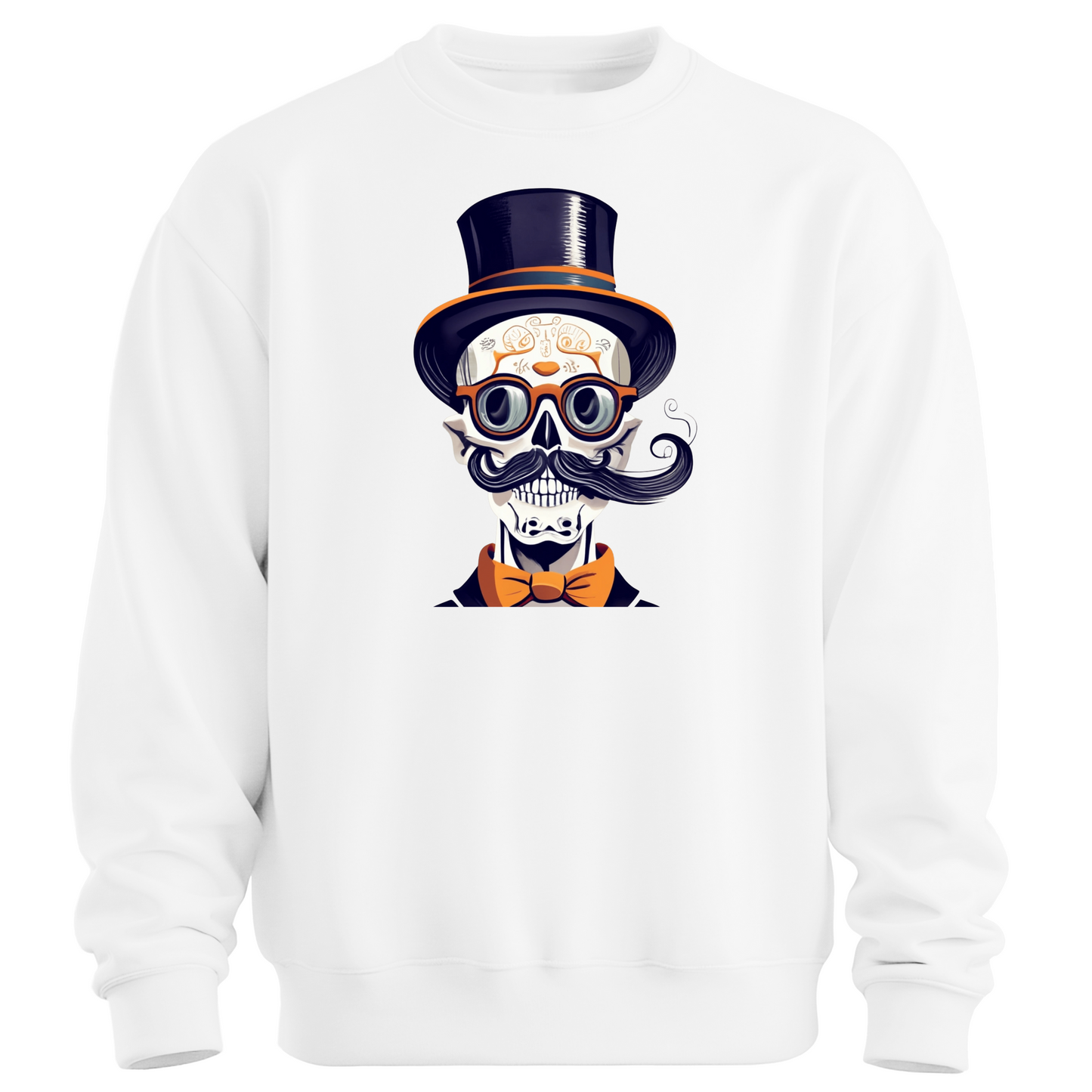 White halloween sweatshirt with a skull wearing a top hat, glasses and a bow tie.