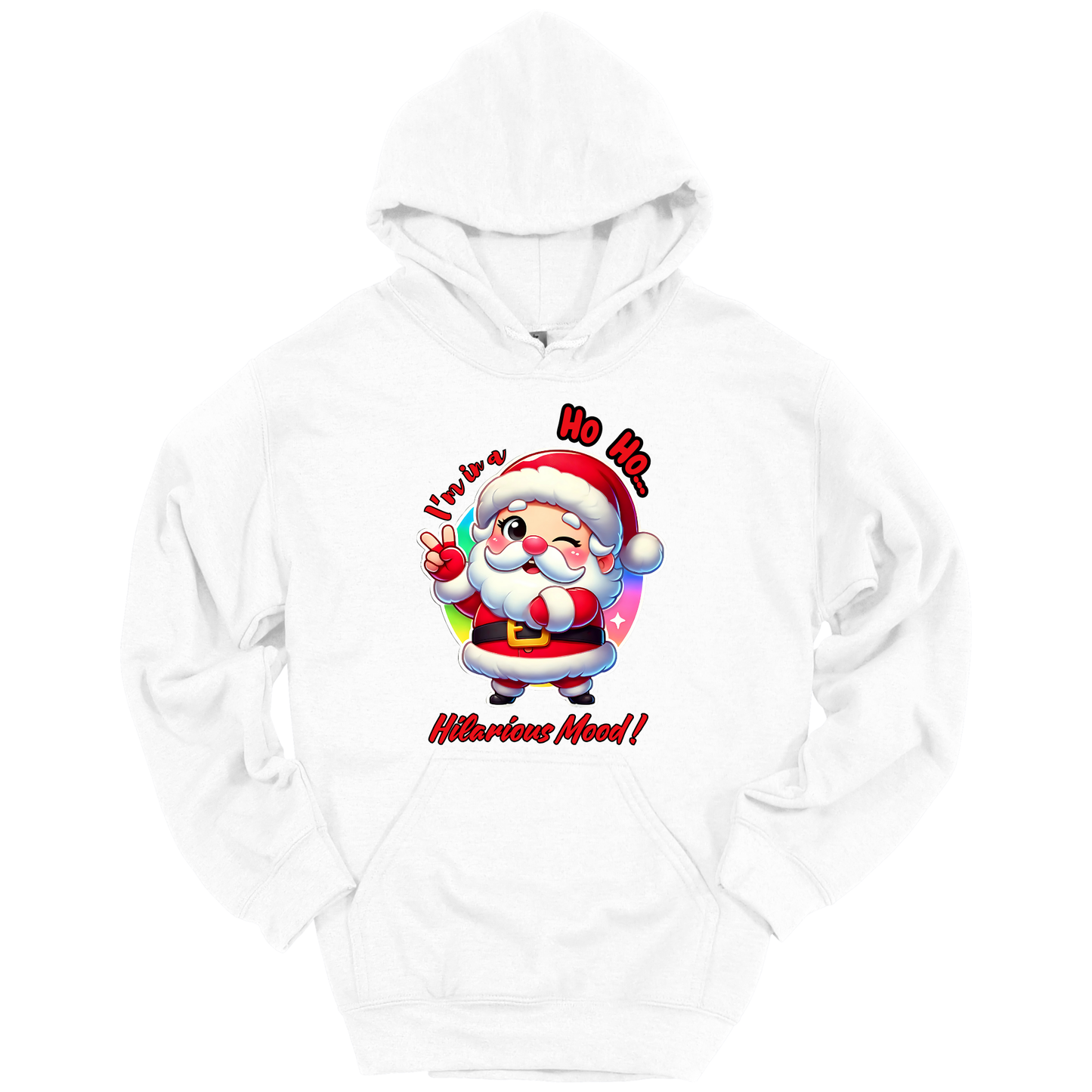 White Christmas hoodie with a cartoon Santa Claus design