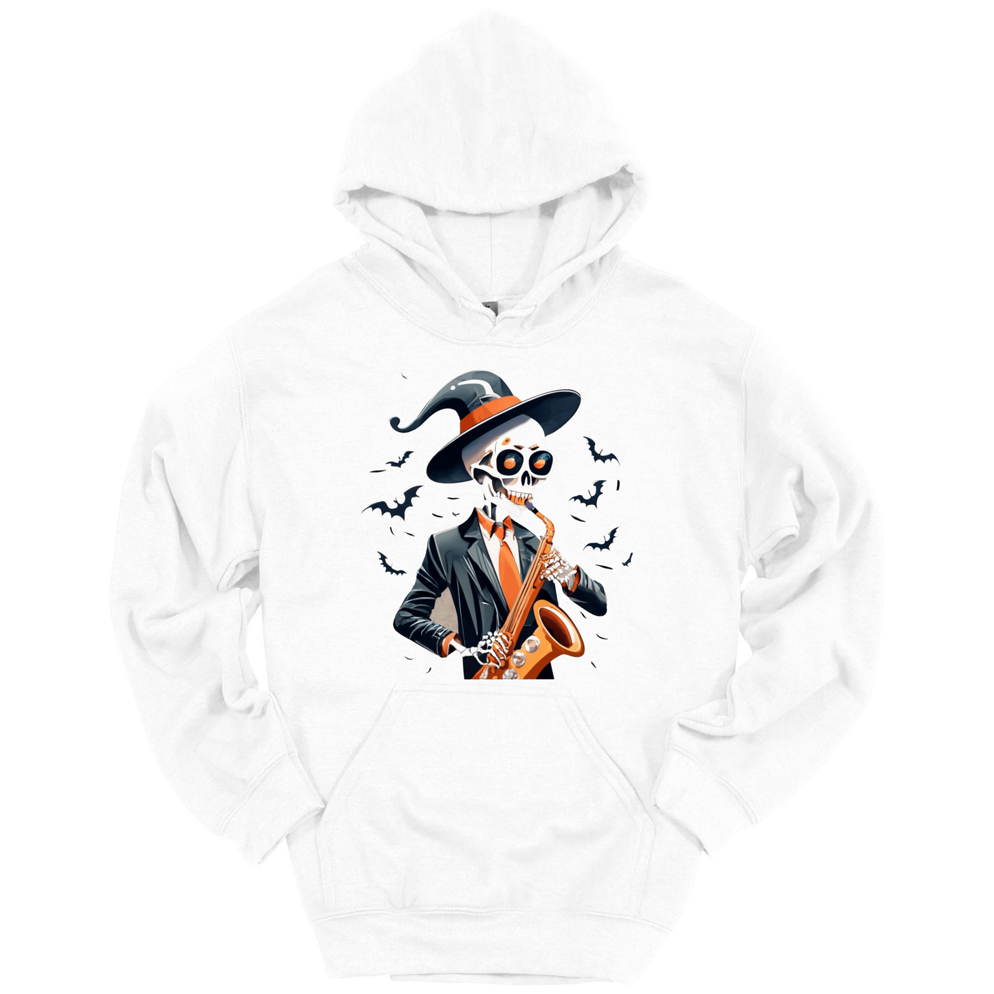 White halloween hoodie with a skeleton playing a saxophone and wearing a witch hat, surrounded by bats.