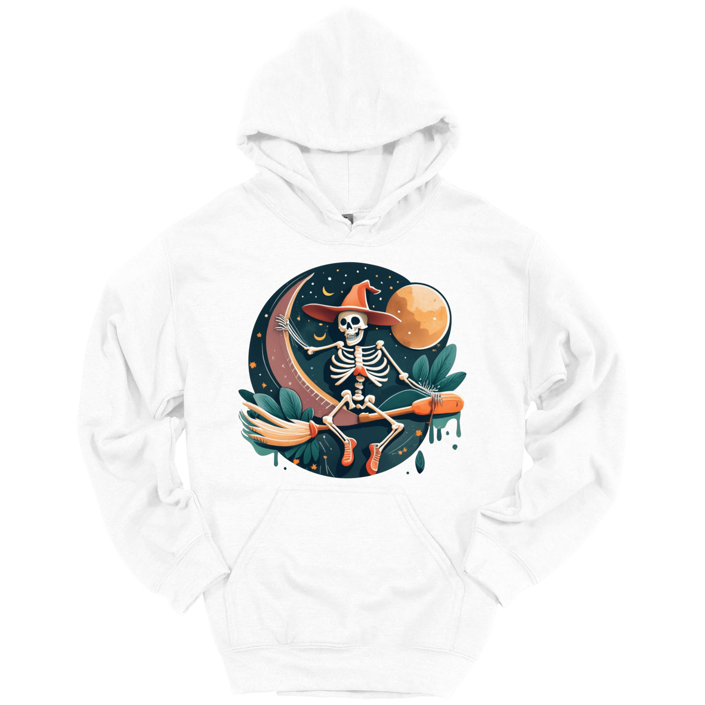 White halloween hoodie with a skeleton on a broomstick wearing a witch hat in the night time.