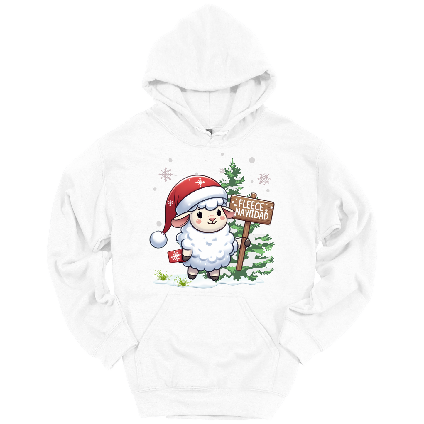 White Christmas hoodie with a Christmas-themed design featuring a sheep in a Santa hat and a sign.