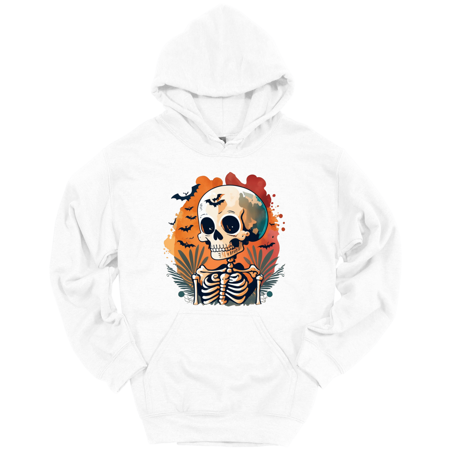 White hoodie with a Halloween-themed design featuring a skull and skeleton surrounded with bats.