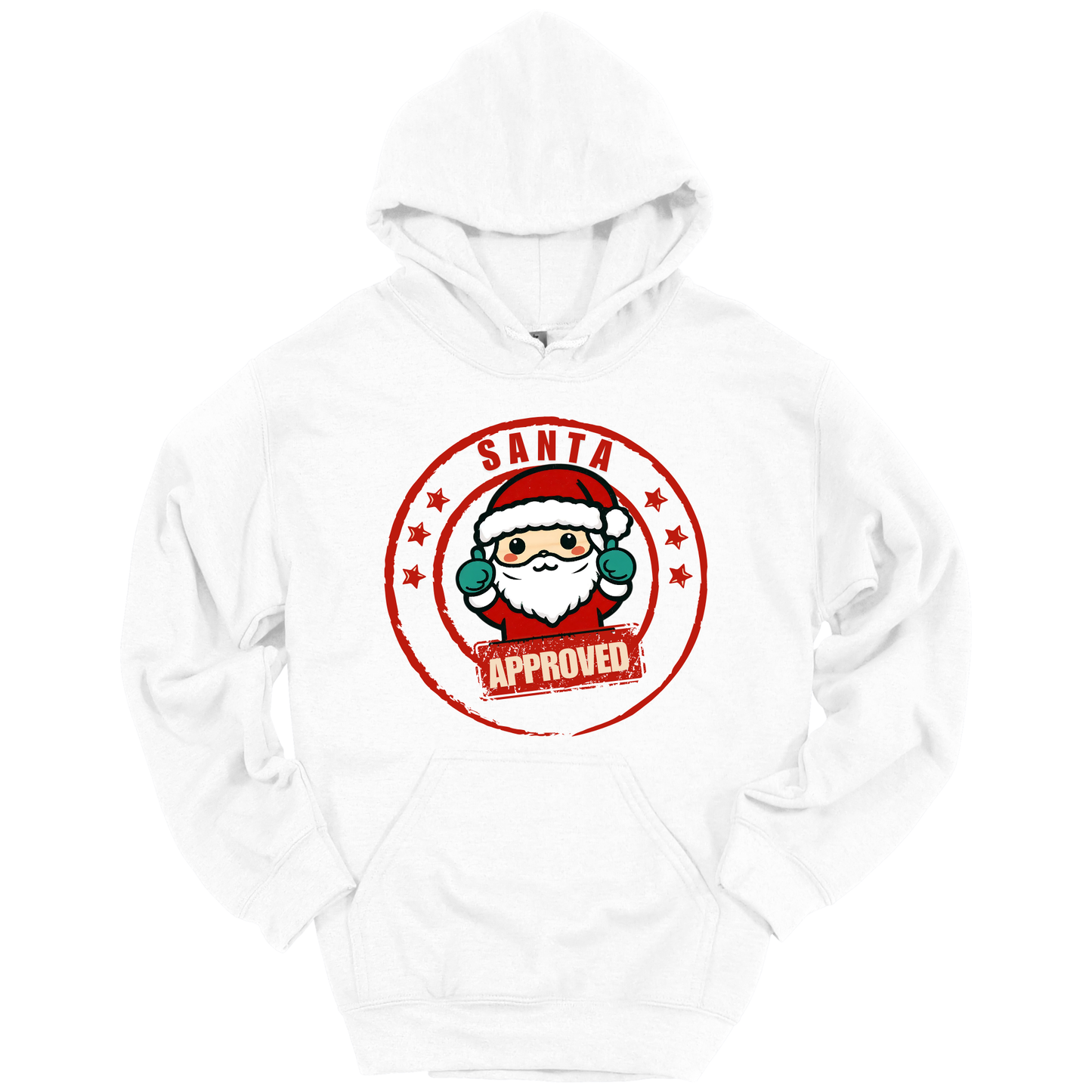 White Christmas hoodie with a Santa Claus graphic and 'Approved' text.