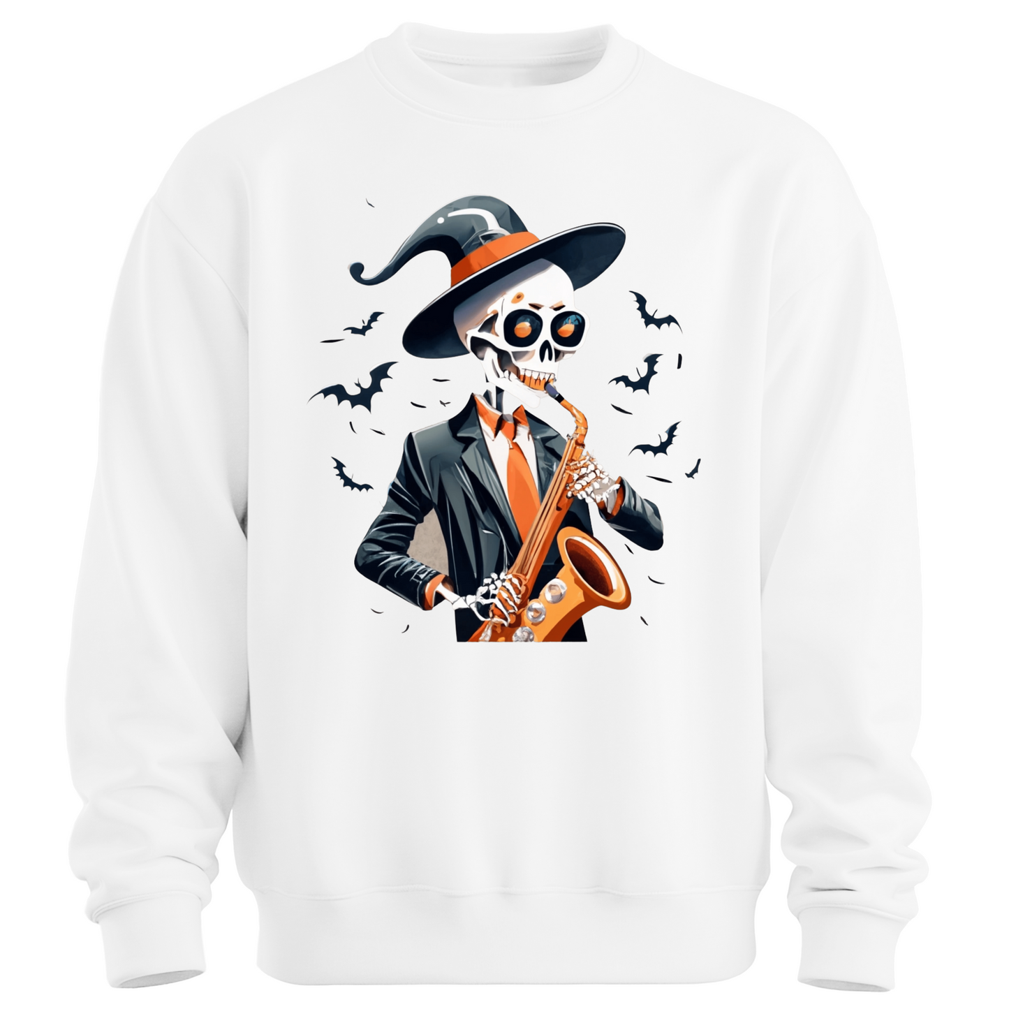 White halloween sweatshirt with a skeleton playing a saxophone and wearing a witch hat, surrounded by bats.