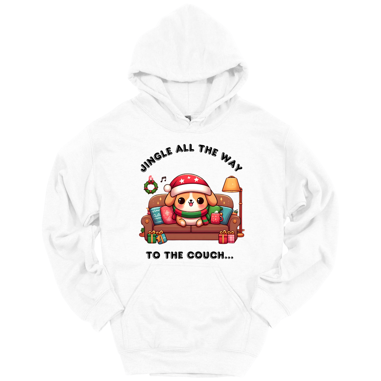 White hoodie with Christmas-themed design of a dog on a couch and text 'Jingle all the way to the couch'.