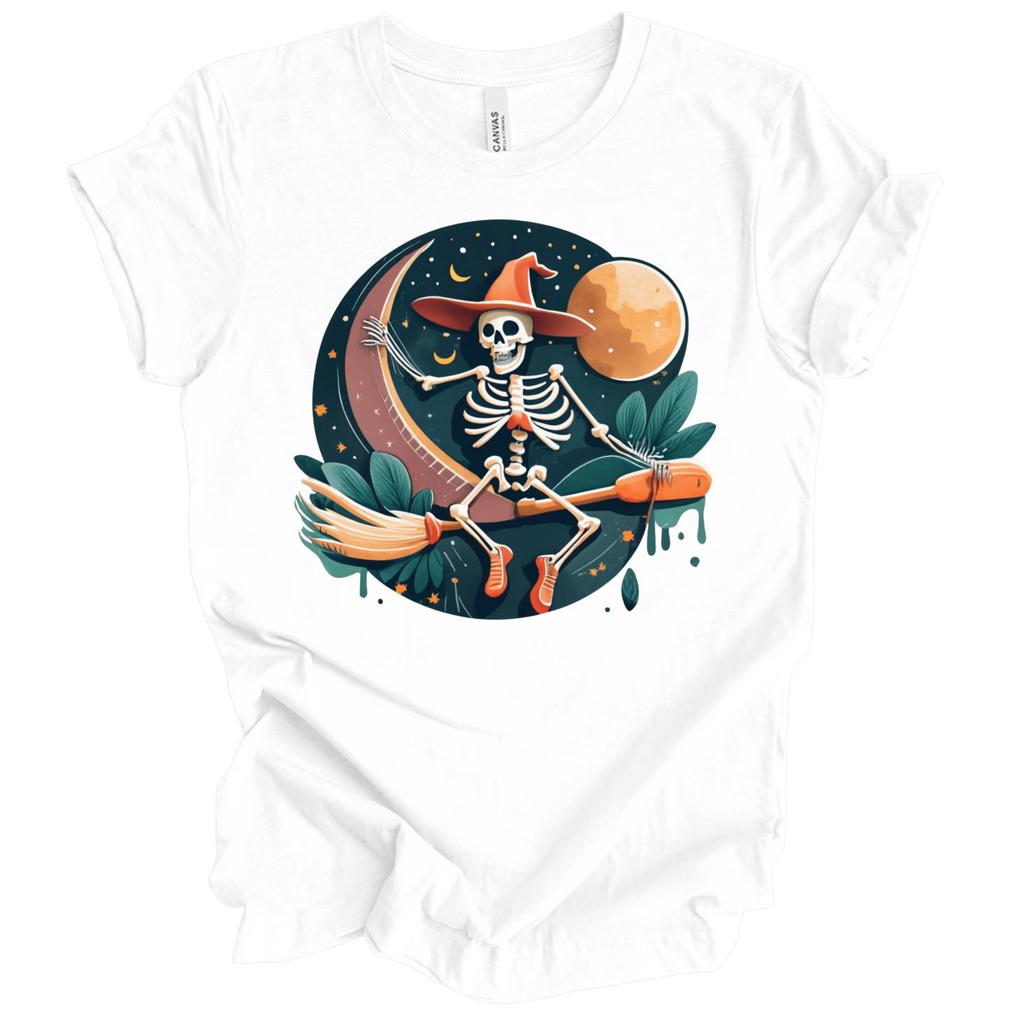 White halloween t-shirt with a skeleton on a broomstick wearing a witch hat in the night time.