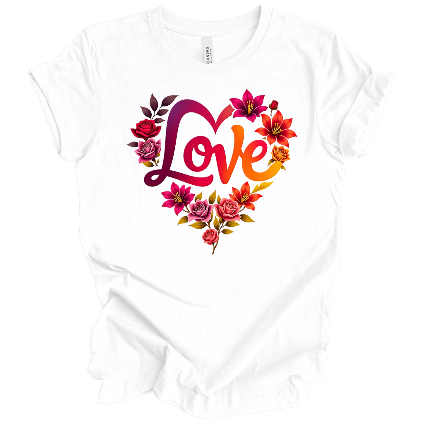 White colour valentines day t-shirt with the a design of 'Love' wording and surrounded floral design, front printed.