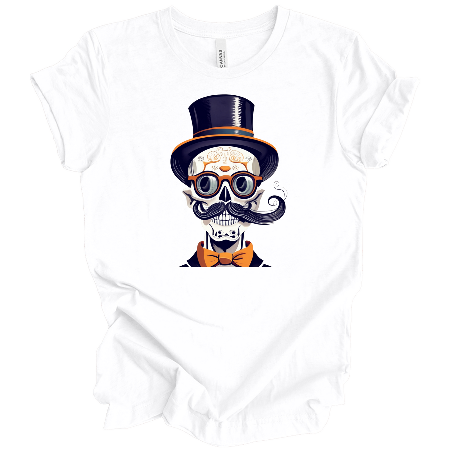White halloween t-shirt with a skull wearing a top hat, glasses, and bow tie.
