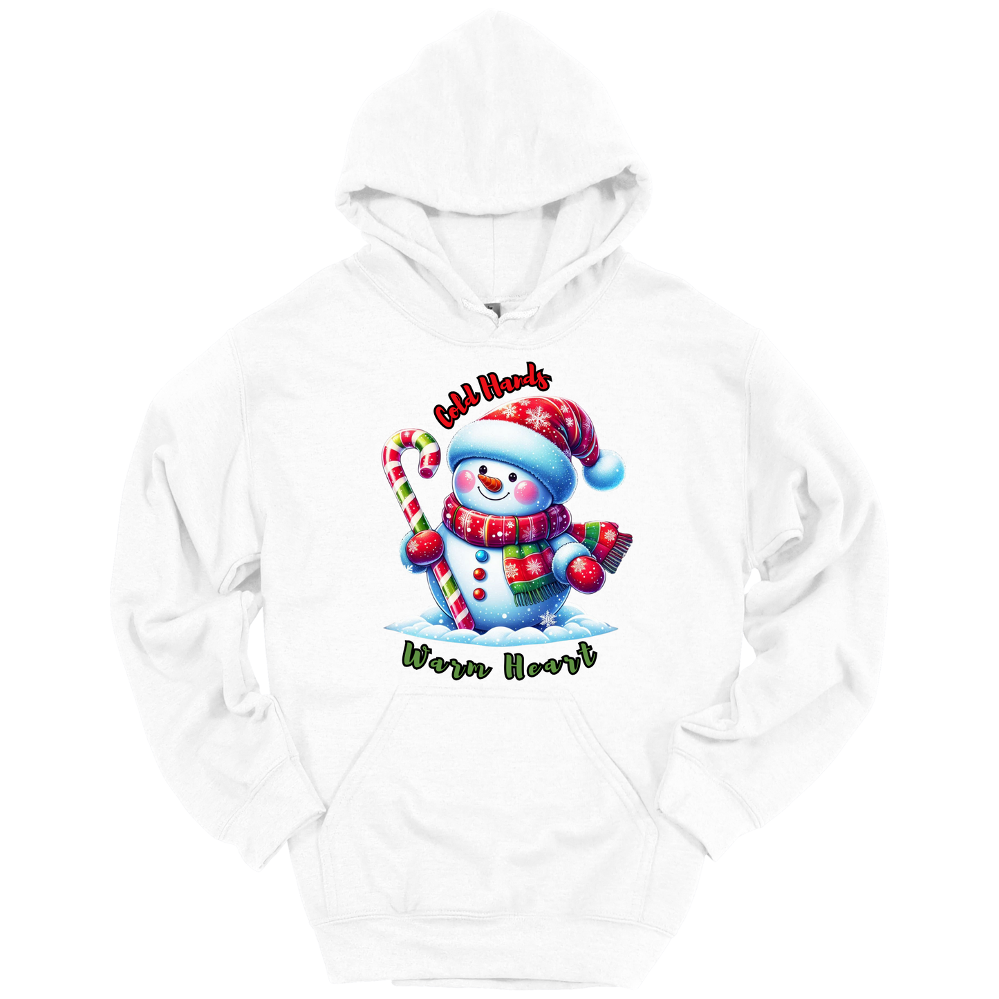 White Christmas hoodie with a snowman graphic with a text "Cold Hands Warm Hearts"