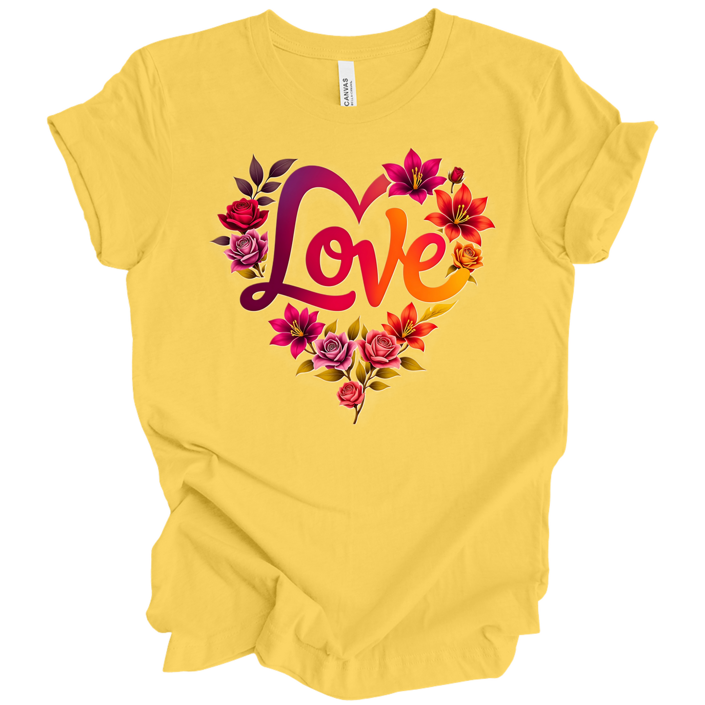 Yellow colour valentines day t-shirt with the a design of 'Love' wording and surrounded floral design, front printed.