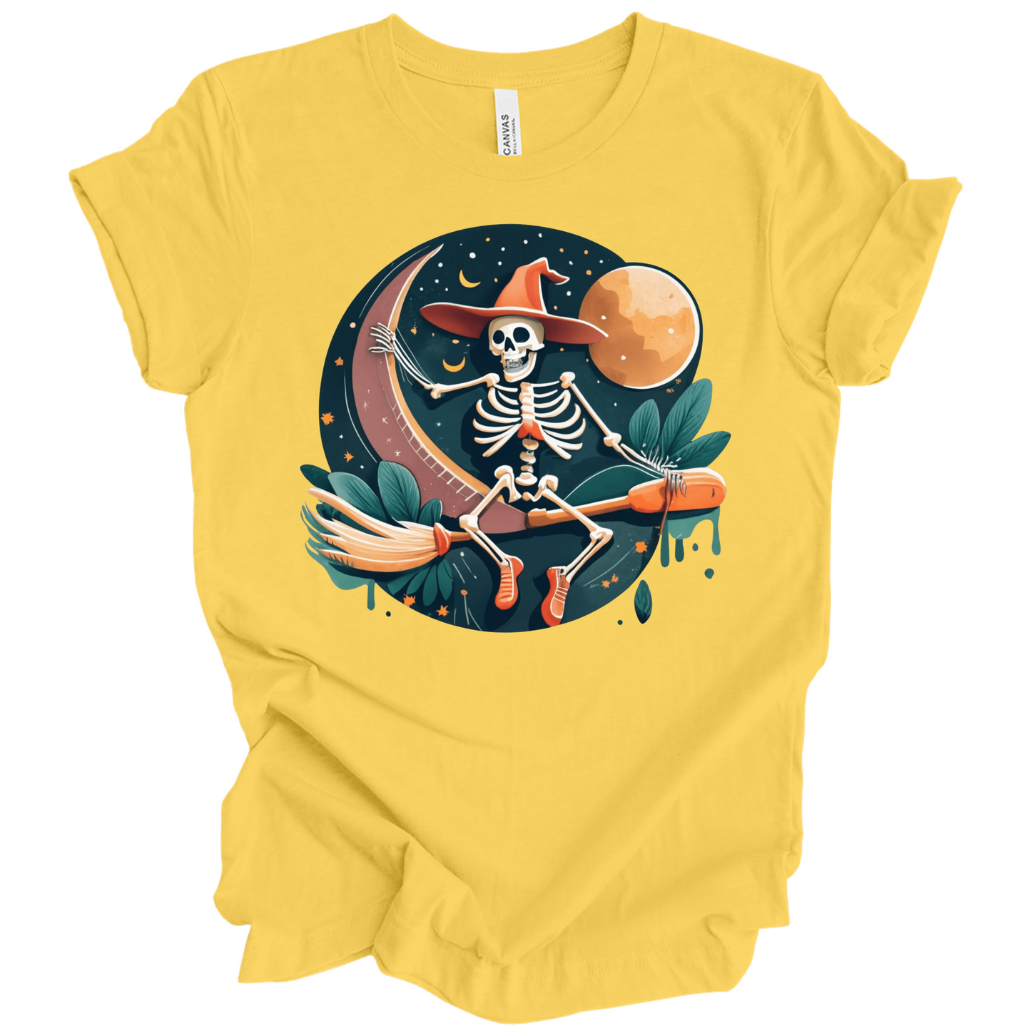 Yellow halloween t-shirt with a skeleton on a broomstick wearing a witch hat in the night time.