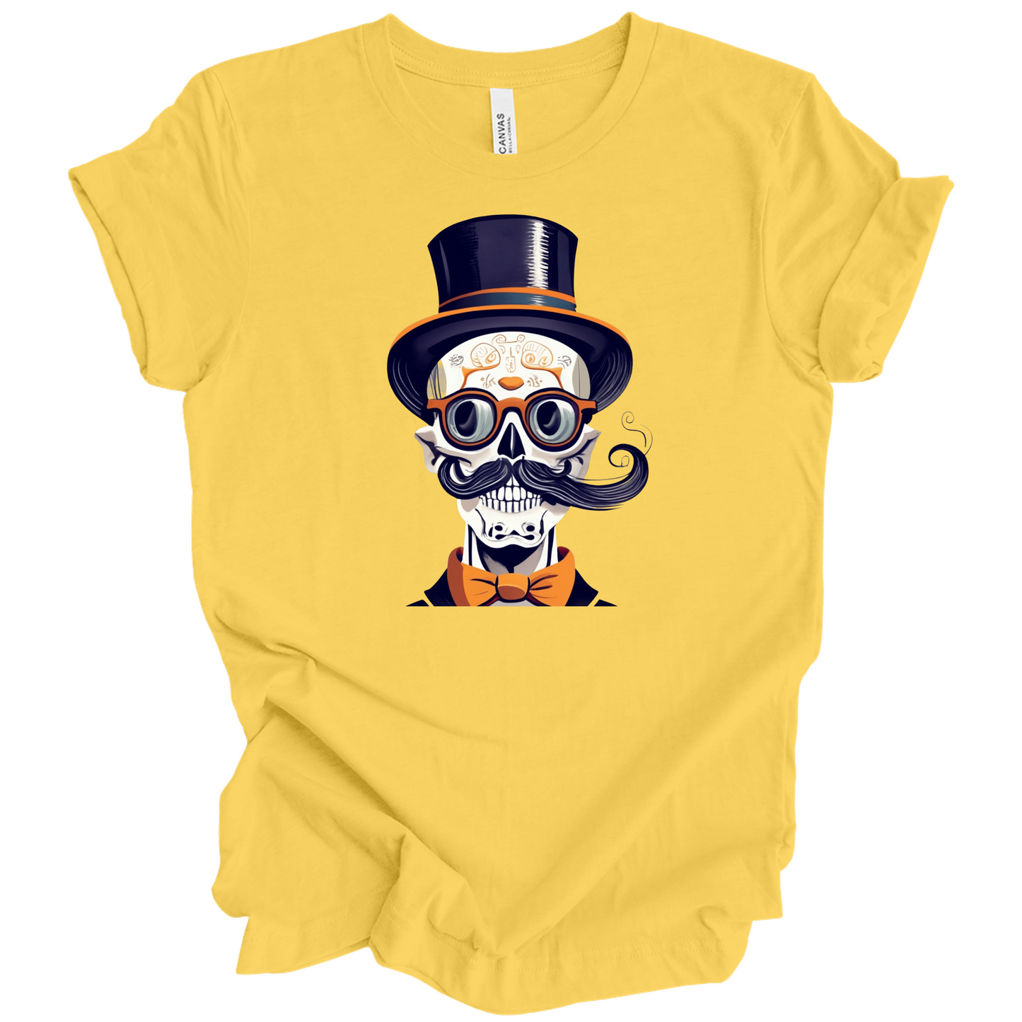 Yellow halloween t-shirt with a skull wearing a top hat, glasses, and bow tie.
