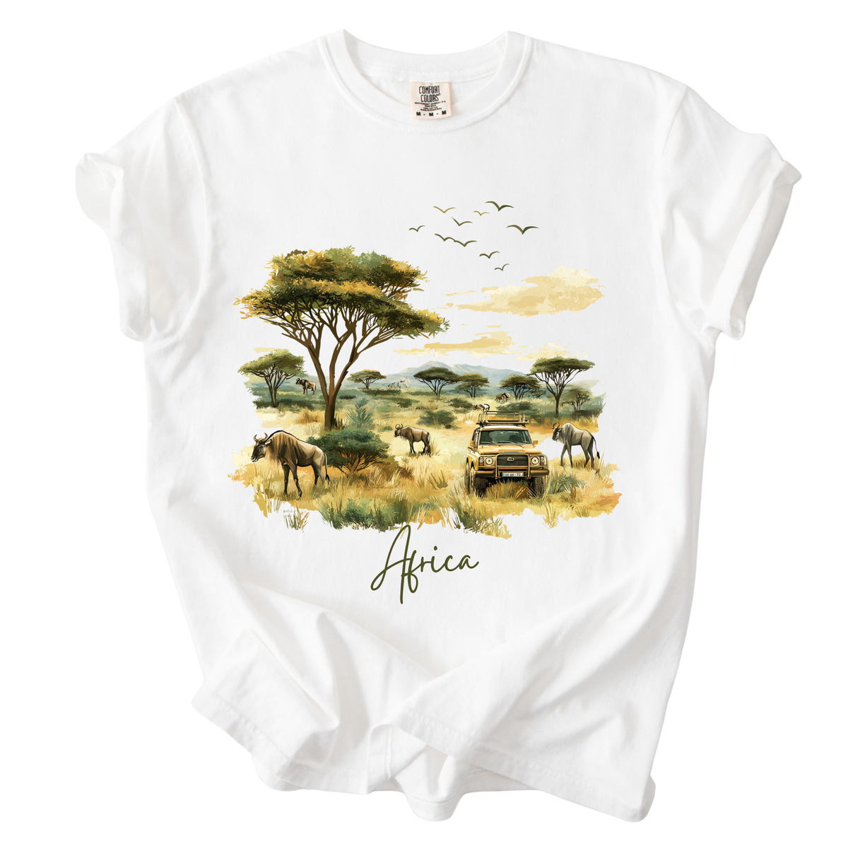 Africa Safari Scene T-Shirt — Watercolor Wildlife Jeep Design