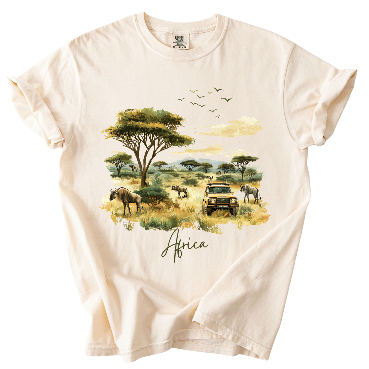 Africa Safari Scene T-Shirt — Watercolor Wildlife Jeep Design