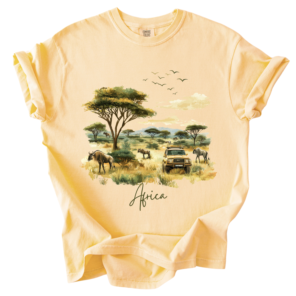 Africa Safari Scene T-Shirt — Watercolor Wildlife Jeep Design