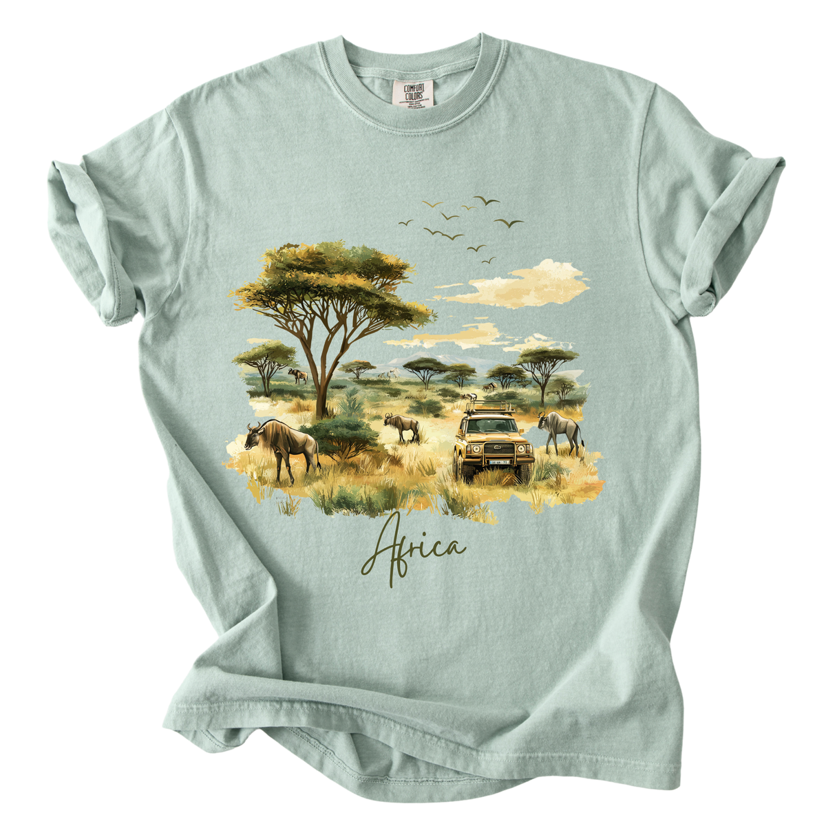 Africa Safari Scene T-Shirt — Watercolor Wildlife Jeep Design