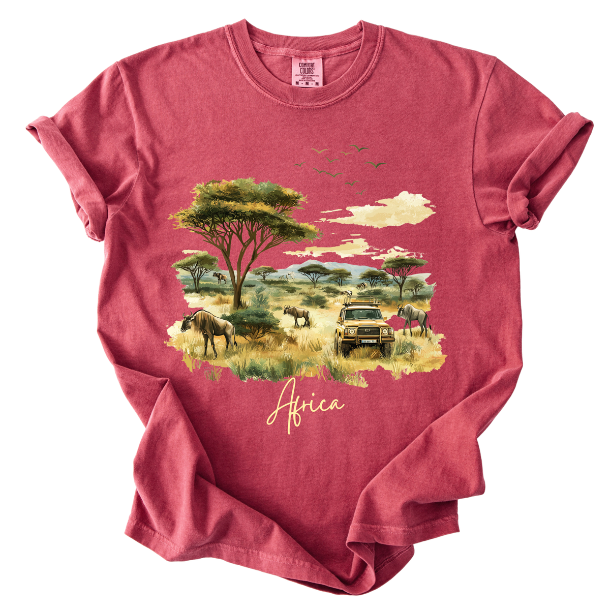 Africa Safari Scene T-Shirt — Watercolor Wildlife Jeep Design