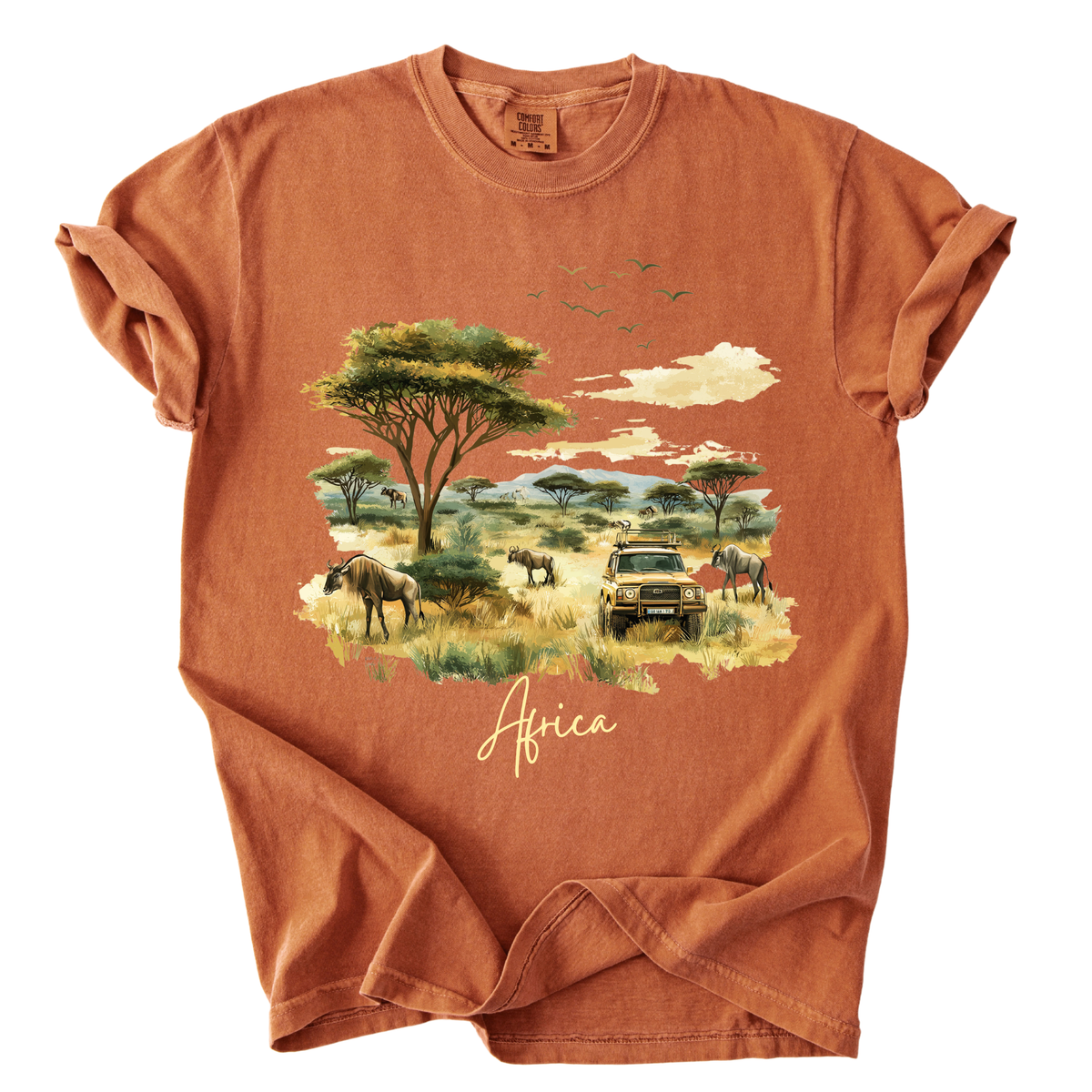 Africa Safari Scene T-Shirt — Watercolor Wildlife Jeep Design