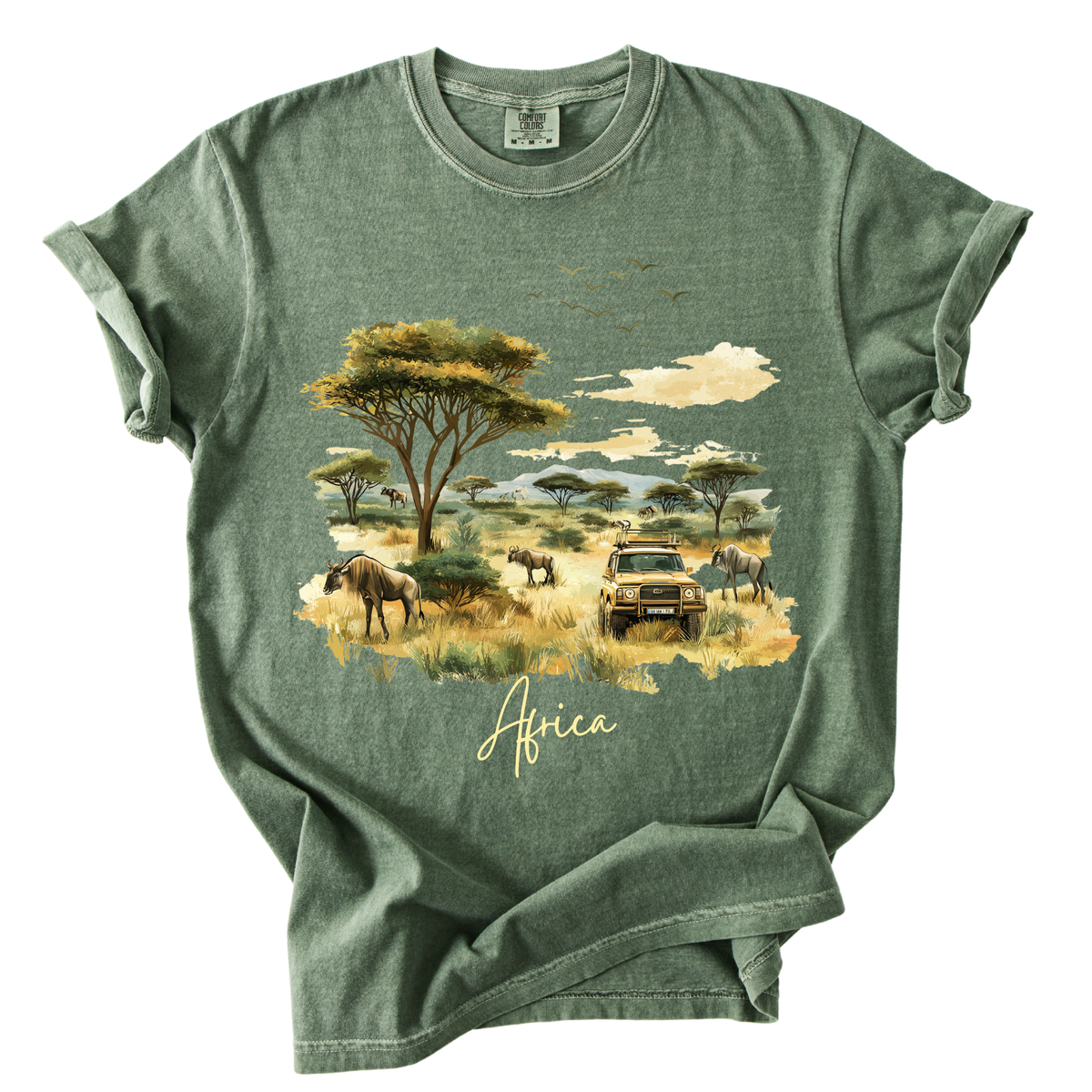 Africa Safari Scene T-Shirt — Watercolor Wildlife Jeep Design