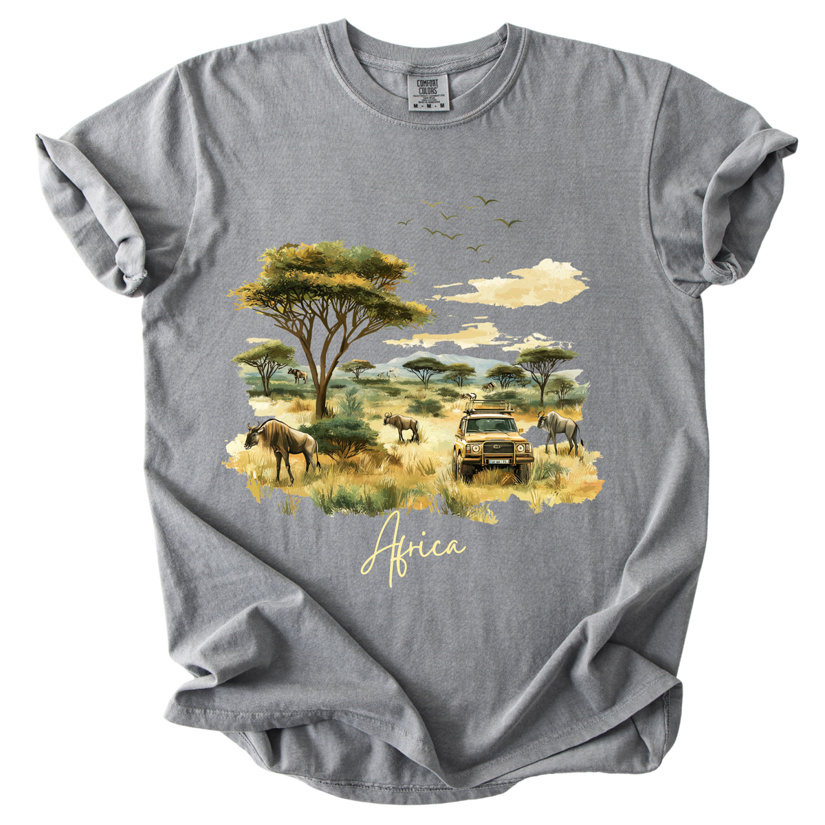 Africa Safari Scene T-Shirt — Watercolor Wildlife Jeep Design
