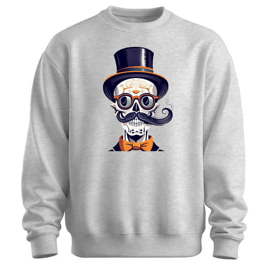Gray halloween sweatshirt with a skull wearing a top hat, glasses and a bow tie.