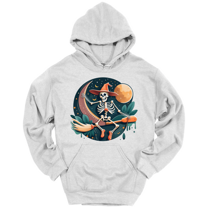 Gray halloween hoodie with a skeleton on a broomstick wearing a witch hat in the night time.
