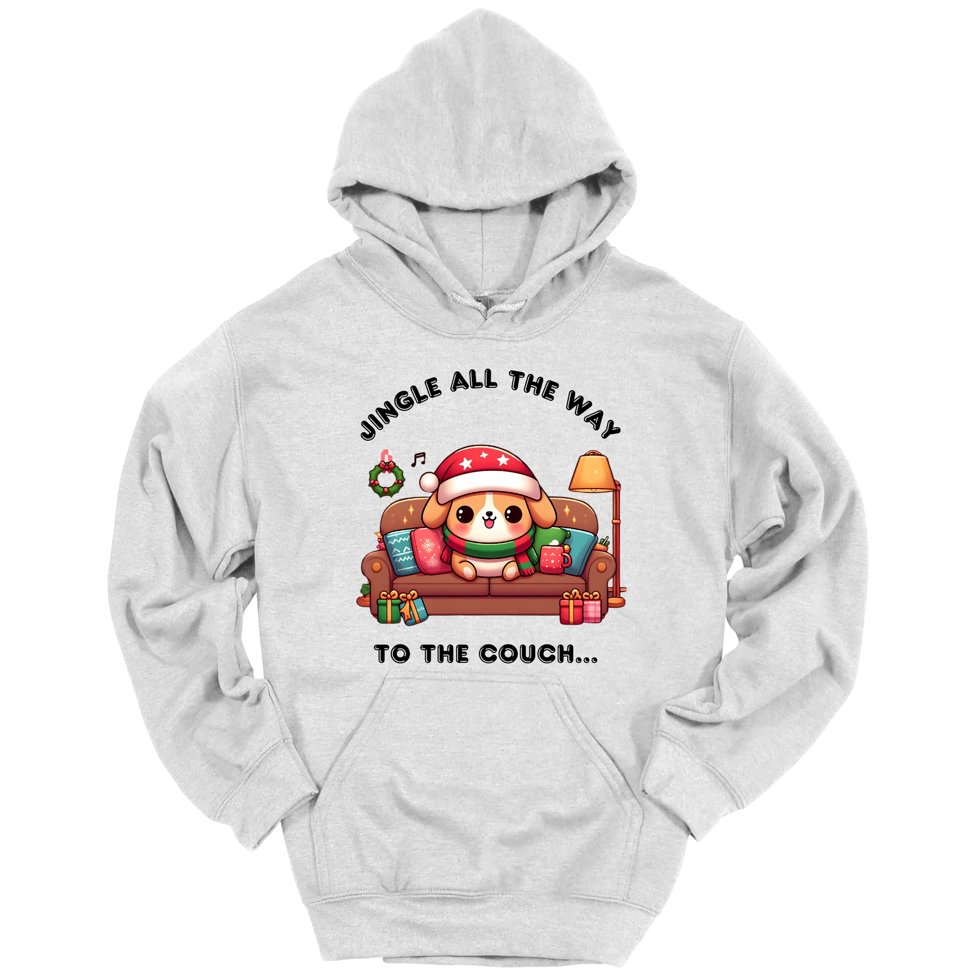 Light gray hoodie with Christmas-themed design of a dog on a couch and text 'Jingle all the way to the couch'.