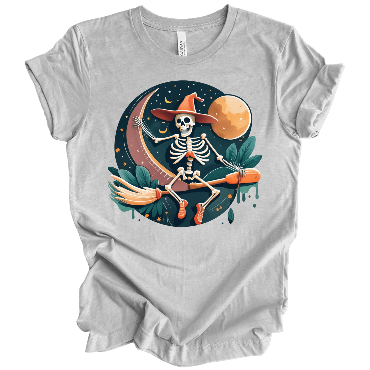 Gray halloween t-shirt with a skeleton on a broomstick wearing a witch hat in the night time.