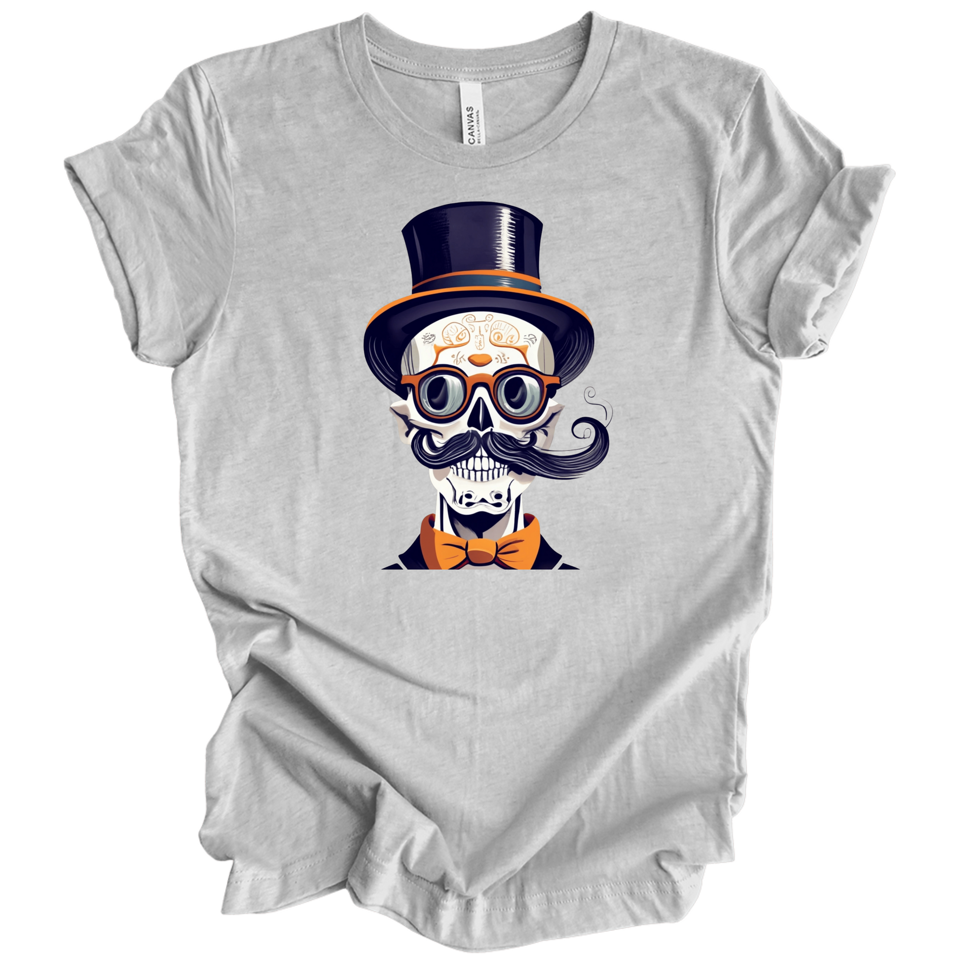Gray halloween t-shirt with a skull wearing a top hat, glasses, and bow tie.