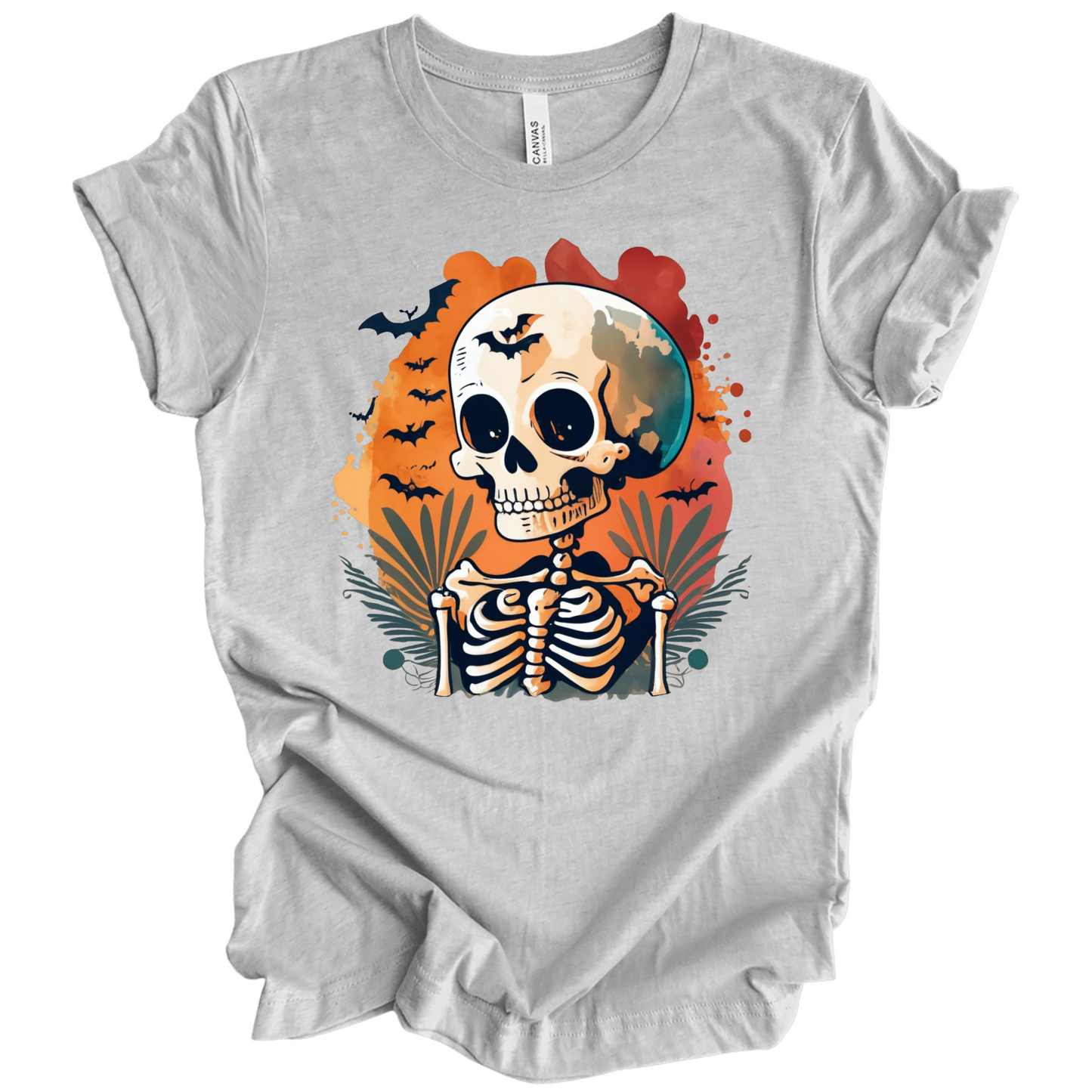 Gray t-shirt with a Halloween-themed design featuring a skeleton and skull surrounded with bats.