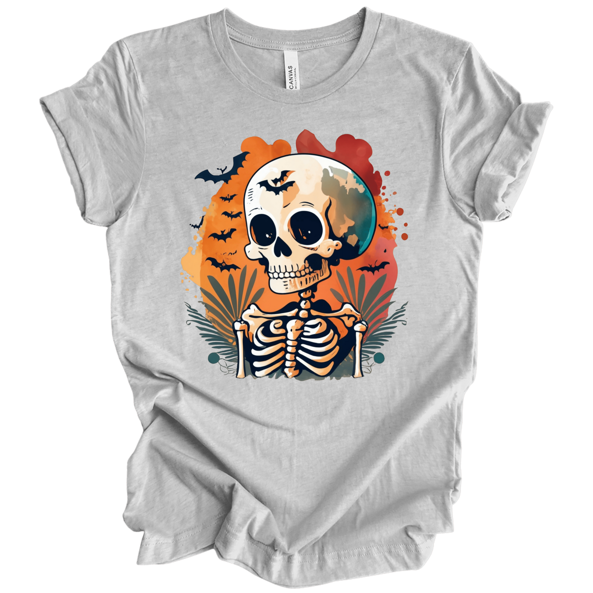 Gray t-shirt with a Halloween-themed design featuring a skeleton and skull surrounded with bats.