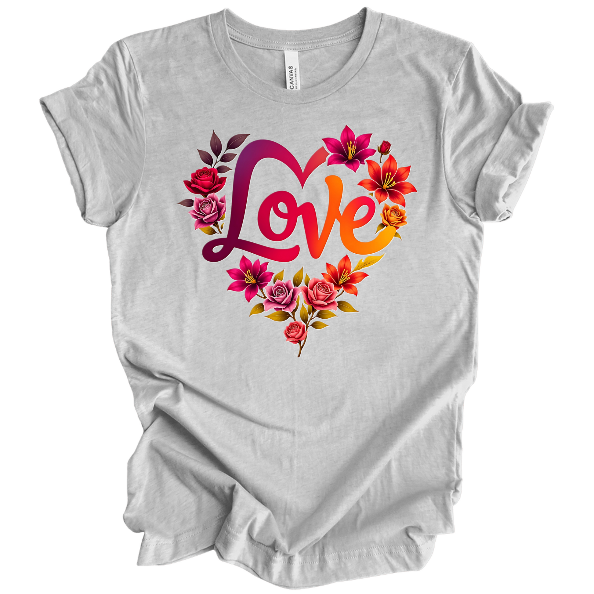 Athletic Heather valentines day t-shirt with the a design of 'Love' wording and surrounded floral design, front printed.