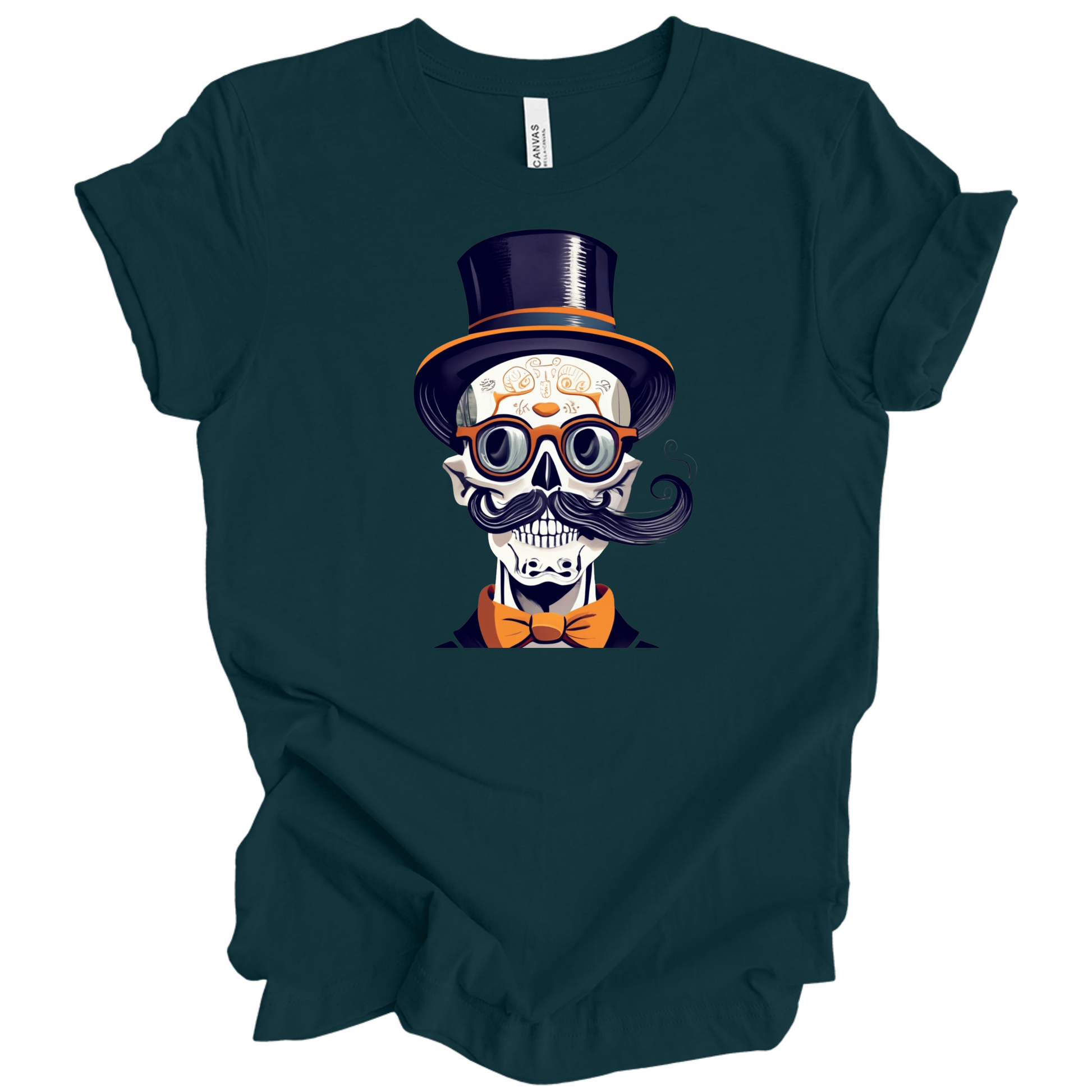 Dark green halloween t-shirt with a skull wearing a top hat, glasses, and bow tie.