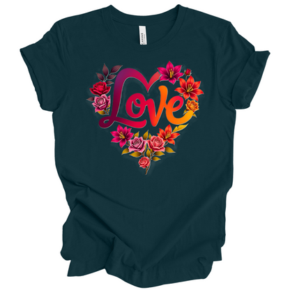 Atlantic colour valentines day t-shirt with the a design of 'Love' wording and surrounded floral design, front printed.