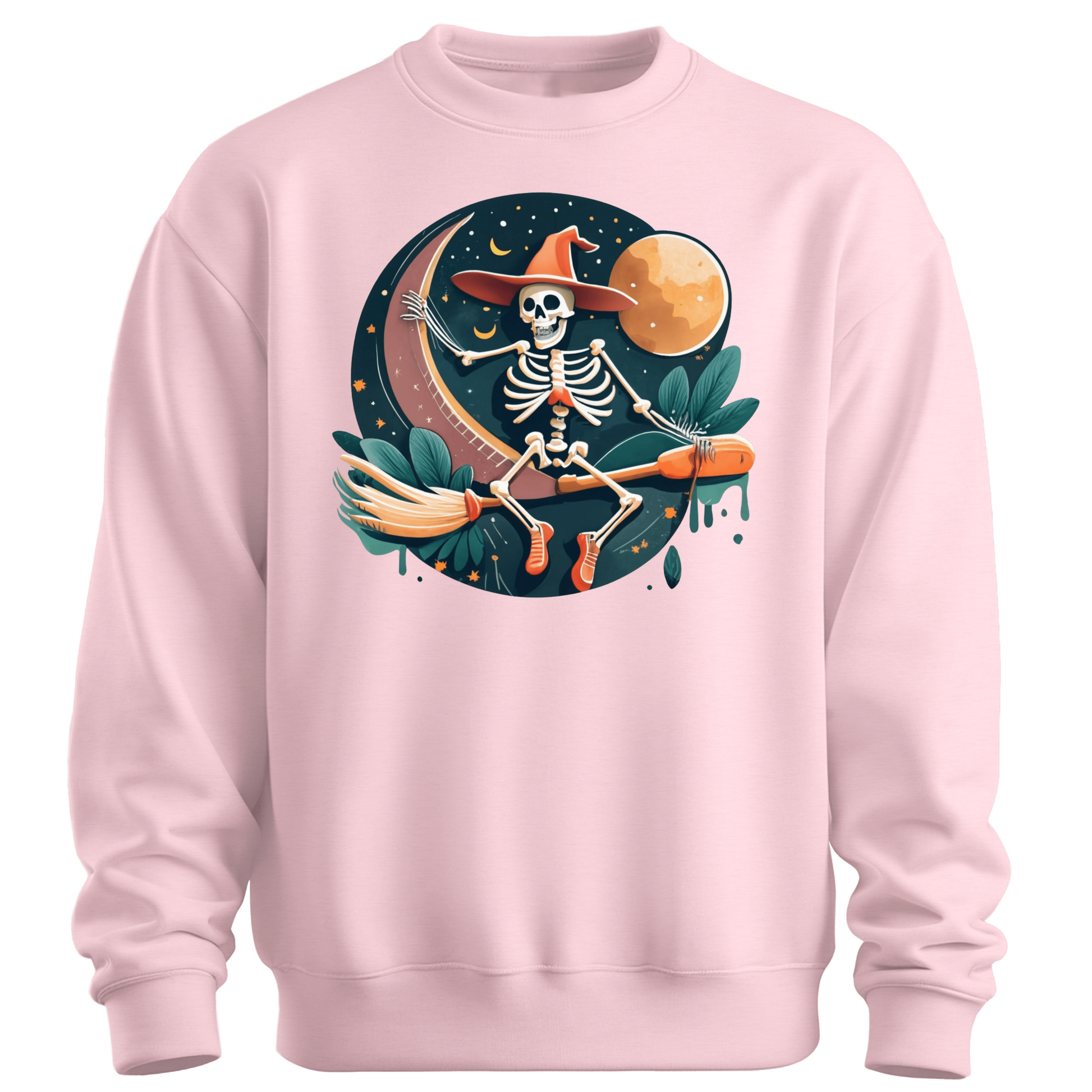 Pink halloween sweatshirt with a skeleton on a broomstick wearing a witch hat in the night time.