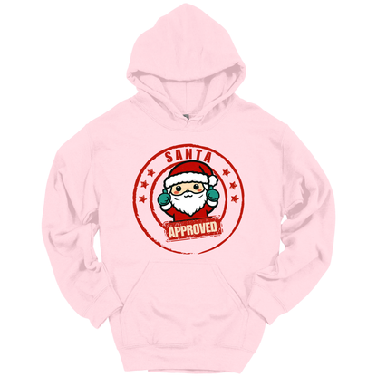 Pink Christmas hoodie with a Santa Claus graphic and 'Approved' text.