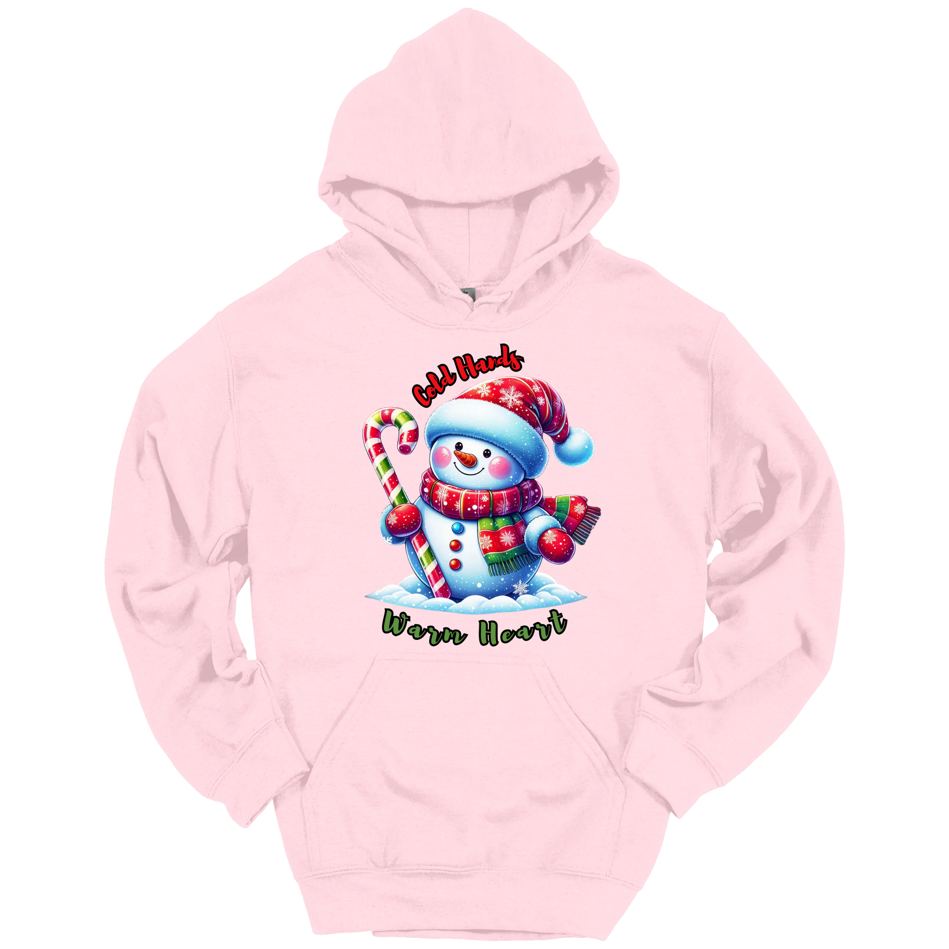 Pink Christmas hoodie with a snowman graphic with a text "Cold Hands Warm Hearts"
