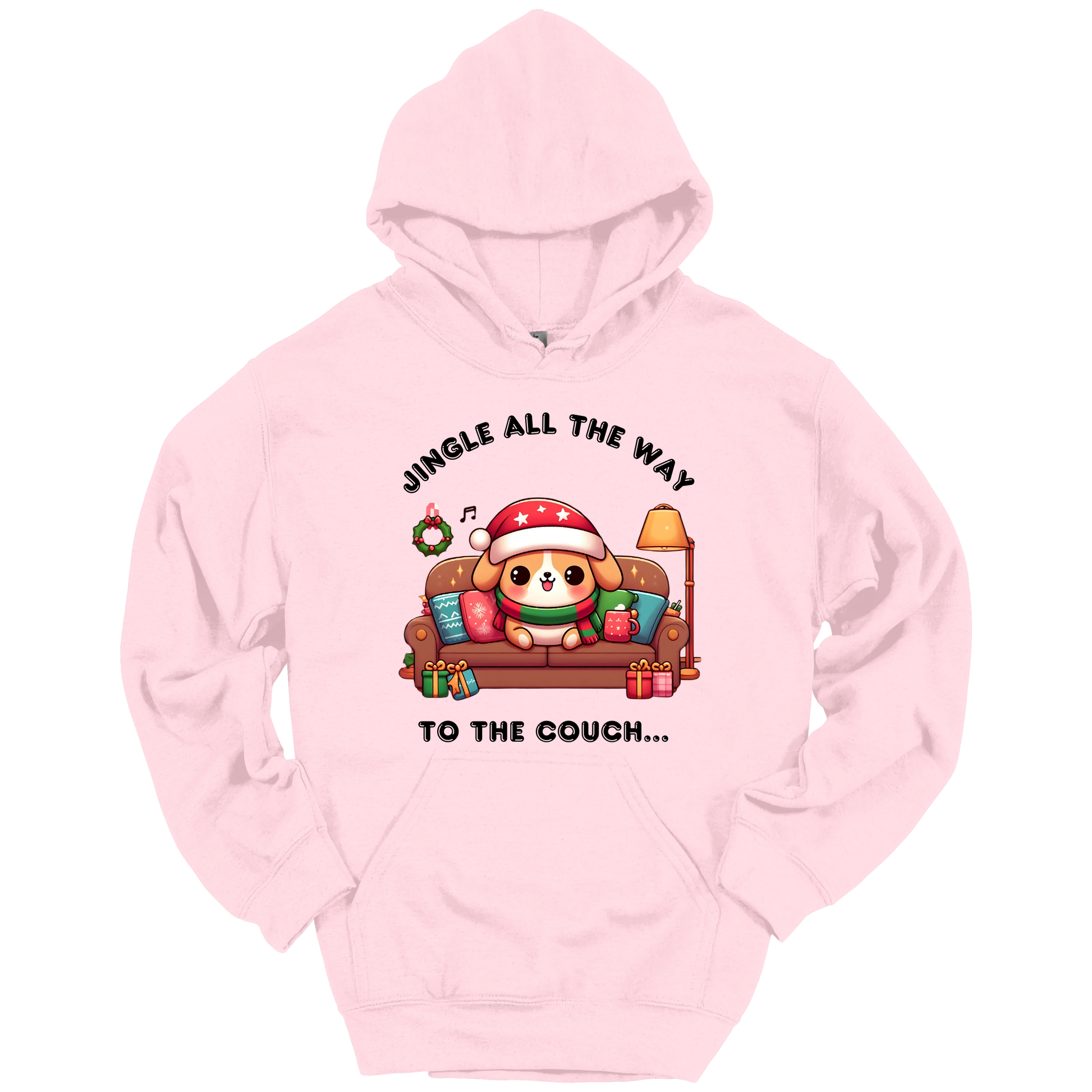 Pink hoodie with Christmas-themed design of a dog on a couch and text 'Jingle all the way to the couch'.