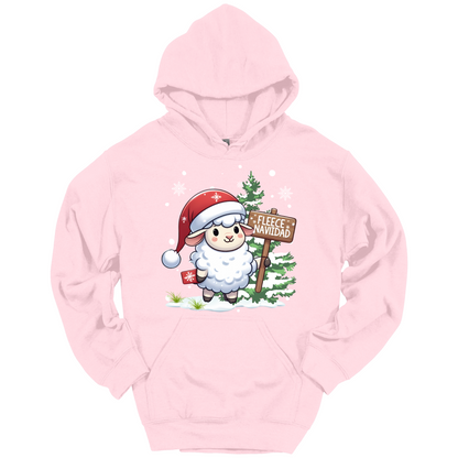 Pink Christmas hoodie with a Christmas-themed design featuring a sheep in a Santa hat and a sign.