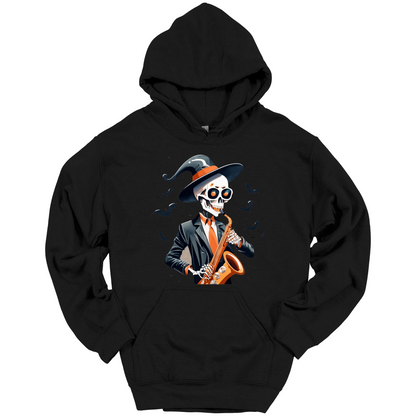 Black halloween hoodie with a skeleton playing a saxophone and wearing a witch hat, surrounded by bats.