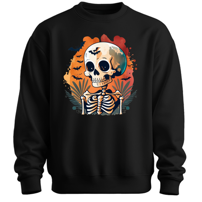 Black sweatshirt with a Halloween-themed design featuring a skeleton and skull surrounded with bats.
